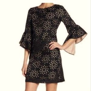 Jax Black Label Women's Black Laser-Cut Jacquard Bell-Sleeve Dress Size 16